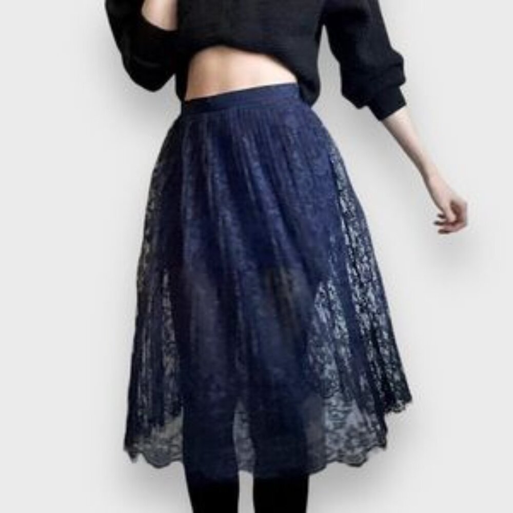 Dark Academia Gothic Romantic Partially Sheer Navy Lace Midi Skirt Whimsigoth